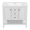36" Bathroom Vanity with Ceramic Basin, Two Cabinets and Drawers, Open Shelf, Solid Wood Frame, White (OLD SKU: SY999101AAK)