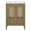 24" Bathroom Vanity with Ceramic Basin, Rattan Bathroom Storage Cabinet with Two Doors and Drawer, Solid Frame, Natural (OLD SKU: JL000008AAD)